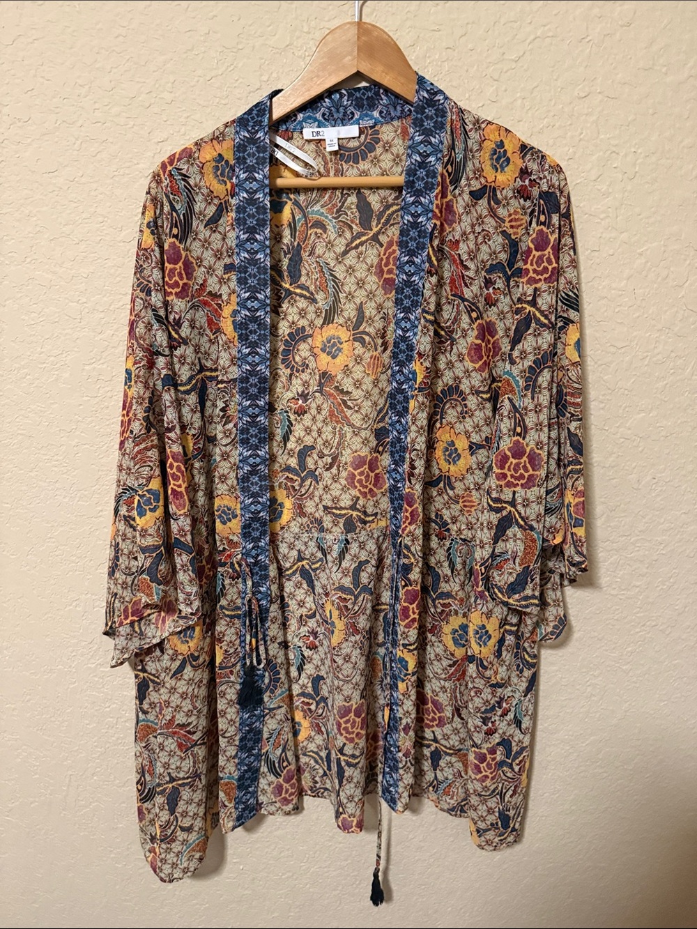 DR2 Multicolor Floral Open-Front Kimono with Indigo Trim Plus size boho vibes